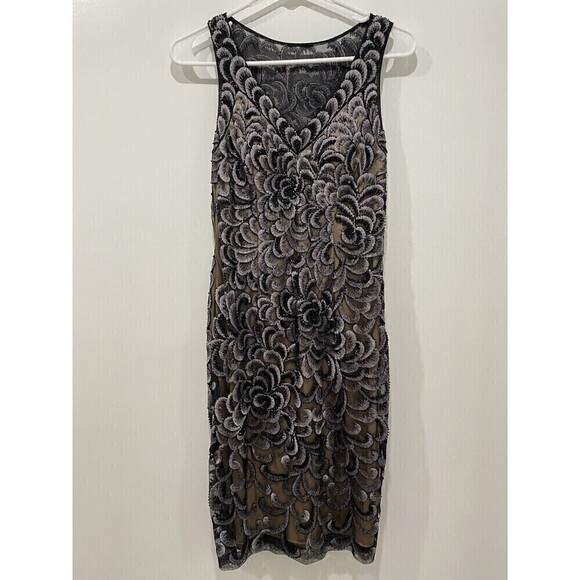 Sue Wong Nocturne Evening Dress Sz 4 Sheer Nude Black Gray Floral Lace Beaded - Picture 2 of 9